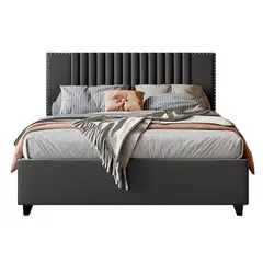 GENERICO - Cama Tapizada Listón Iris Gris Oscuro 2 Plazas