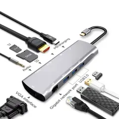 GENERICO - Adaptador Tipo C 10 En 1 Multiport Hub Estacion Lan Hdmi 4kVga rj45