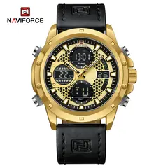 NAVIFORCE - Reloj Hombre NF9225 Negro Oro Digital Analógico Cuero Genuin