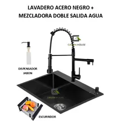 GENERICO - COMBO LAVADERO NEGRO 60X45X23CM + MEZCLADORA DOBLE CAÑO ACERO