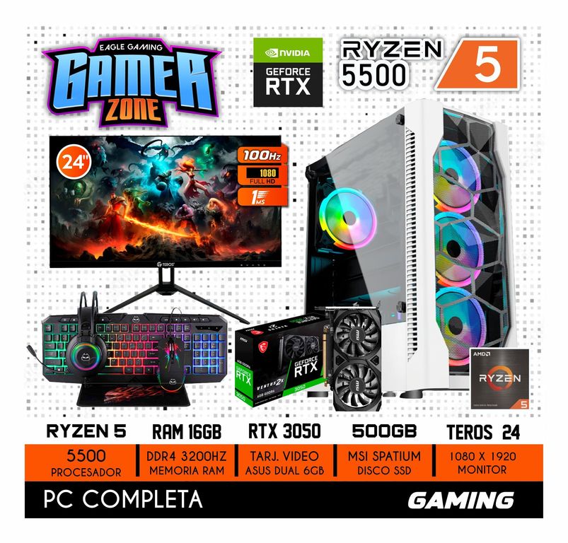 COMPUTADORA PC GAMER AMD RYZEN 5 5500 16GB 500GB RTX 3050 6GB MONITOR 24 FULL HD