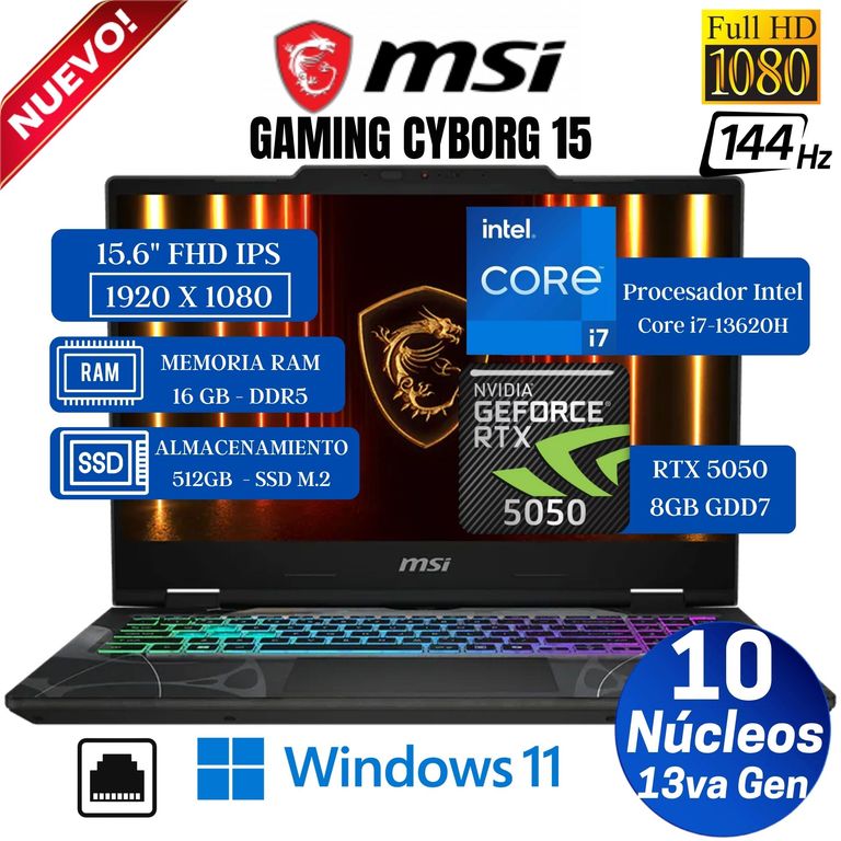 Laptop Cyborg 15 B13WEKG 15.6” FHD IPS, Core i7-13620H, Ram 16GB, SSD 512GB, RTX 5050, Win 11