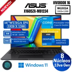ASUS - Laptop Vivobook X1605VA-MB1234 16" WUXGA IPS, Core i5-13420H, Ram 16GB, Ssd 512GB, Win 11