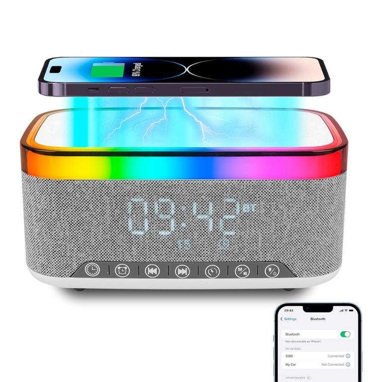 Cargador Inalambrico Reloj Despertador con Radio Parlante Bluetooth