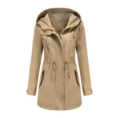 TIOZONEY - Cortavientos largo con gorro para mujer - Beige