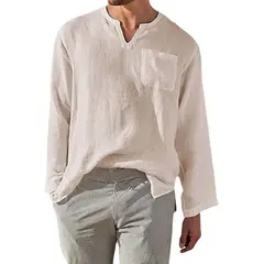 BAALATHKKO5 - Camisa Cuello Mao Lino Hombre Casual Manga Larga Slim Fit