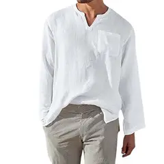 BAALATHKKO5 - Camisa Cuello Mao Lino Hombre Casual Manga Larga Slim Fit