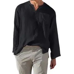 BAALATHKKO5 - Camisa Cuello Mao Lino Hombre Casual Manga Larga Slim Fit