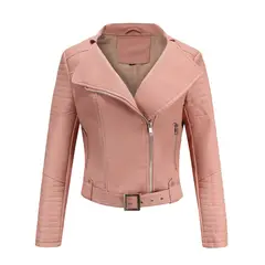 TIOZONEY - Chaqueta de PU con cinturón y cierre para mujer - Rosado