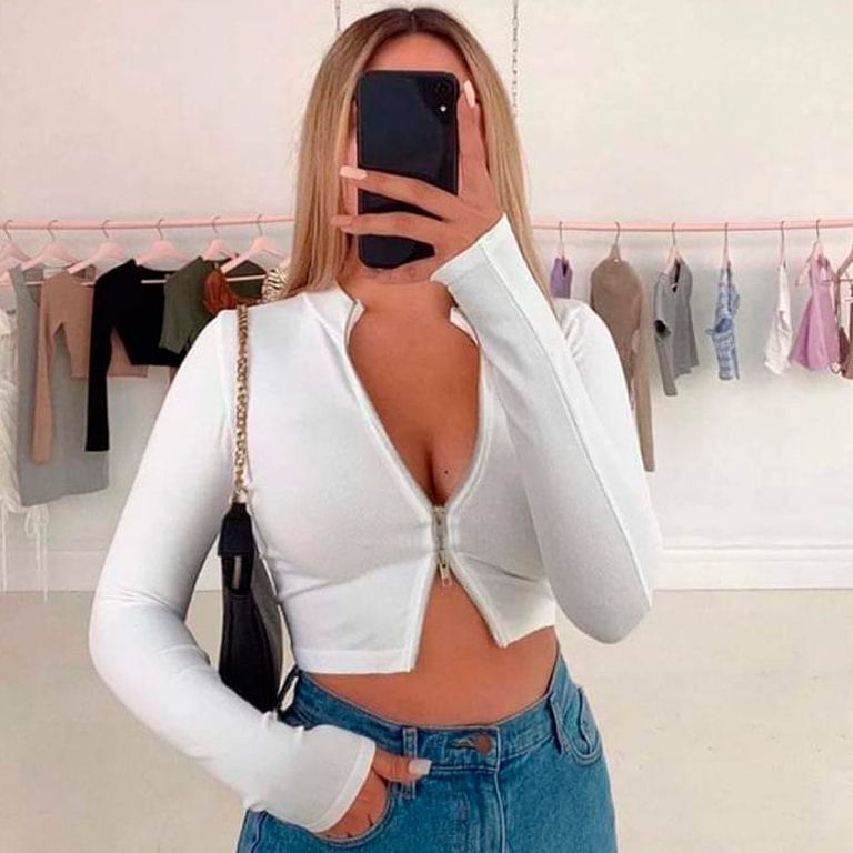 Basico Mujer Top Rip Jane Hood Manga Larga Blanco