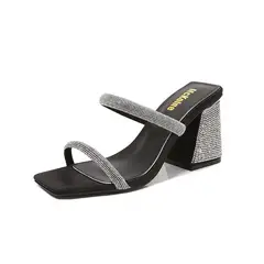 TIOZONEY - Sandalias con tacón Mujer Negras y Plateadas con cristales