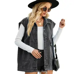 TIOZONEY - Chaqueta Jeans sin mangas Mujer - Gris