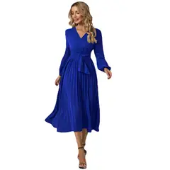 TIOZONEY - Vestido Largo manga larga Mujer- Azul
