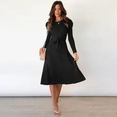 TIOZONEY - Vestido Largo manga larga Mujer - Negro
