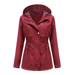 TIOZONEY - Cortavientos impermeable con gorro para mujer - Rojo