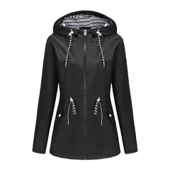 TIOZONEY - Cortavientos impermeable con gorro para mujer - Negro