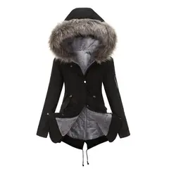 TIOZONEY - Abrigo de invierno con gorro para mujer - Negro.