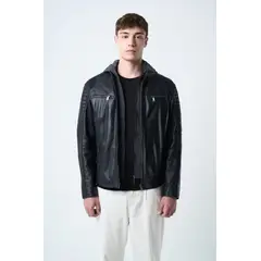 VELEZ - Vélez Casaca Belmont De Cuero Para Hombre Capucha Negro