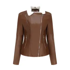TIOZONEY - Chaqueta de PU con cuello cálido para mujer - Café