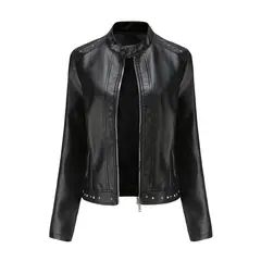 TIOZONEY - Chaqueta de PU con tachuelas y cuello alto para mujer - Negro