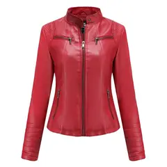 TIOZONEY - Chaqueta de PU casual PU cuello alto - Rojo
