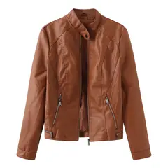 TIOZONEY - Chaqueta de PU con cuello para mujer - Café