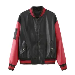 TIOZONEY - Chaqueta de PU para mujer - Mangas Rojas