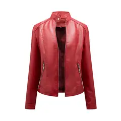 TIOZONEY - Chaqueta de PU con cuello alto para mujer - Rojo