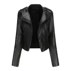 TIOZONEY - Chaqueta de PU de manga larga con tachas para mujer -Negro