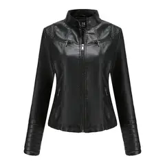 TIOZONEY - Chaqueta de PU casual PU cuello alto - Negro