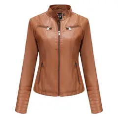 TIOZONEY - Chaqueta de PU casual PU cuello alto - Café Claro