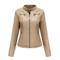 TIOZONEY - Chaqueta de PU casual PU cuello alto - Beige