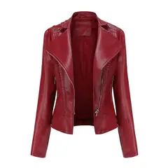TIOZONEY - Chaqueta de PU para mujer Slim Thin - Rojo