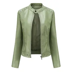 TIOZONEY - Chaqueta de PU con tachuelas y cuello alto para mujer - Verde