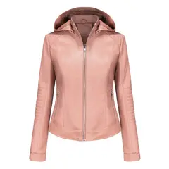 TIOZONEY - Chaqueta de PU con gorro desmontable para mujer - Rosado