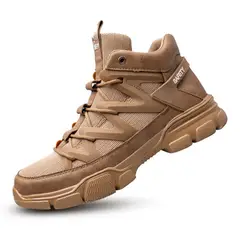 TIOZONEY - Zapatos de seguridad laboral con punta de acero antigolpes beige