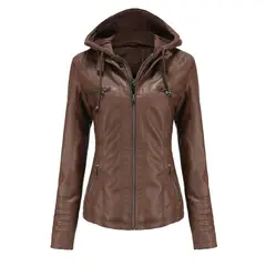 TIOZONEY - Chaqueta de PU con gorro para mujer - Café