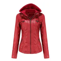 TIOZONEY - Chaqueta de PU con gorro para mujer - Rojo