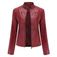 TIOZONEY - Chaqueta de PU casual PU cuello alto - Rojo