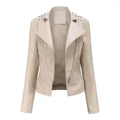 TIOZONEY - Chaqueta de PU y tachas para mujer -Blanco Crema