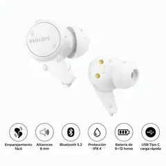 PHILIPS - Audífonos True Wireless 5.2 18Hrs IPX 4 TAT1207WT- BLANCO