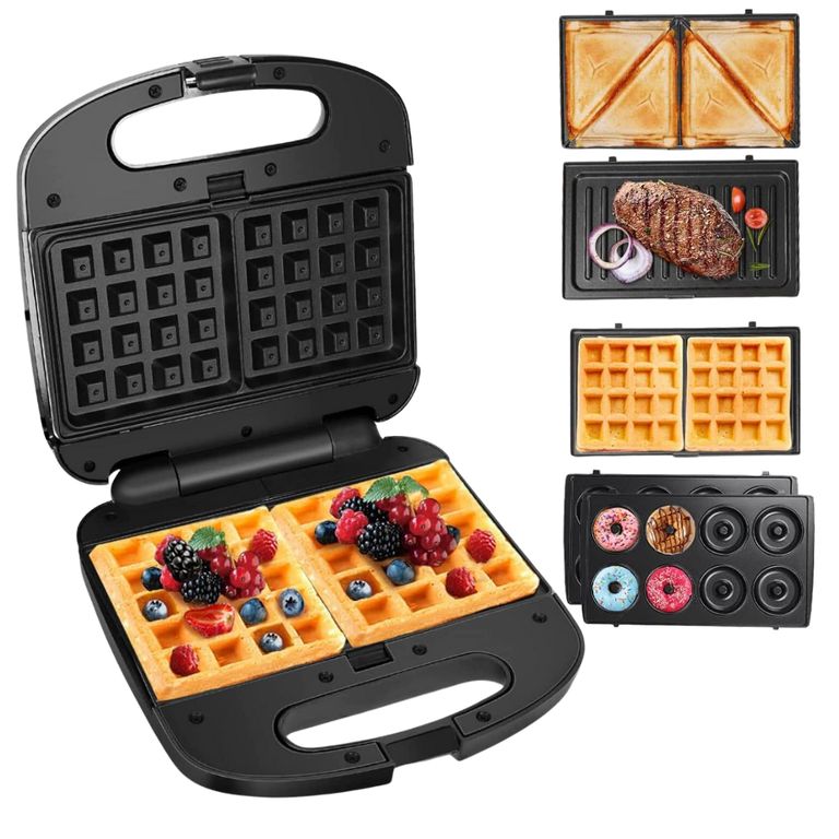 Sandwichera 850 W 4 en 1 Para Postres Desayunos Donas Waflera Negro