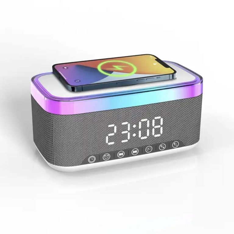 Parlante Bluetooth con reloj de carga inalámbrica despertador