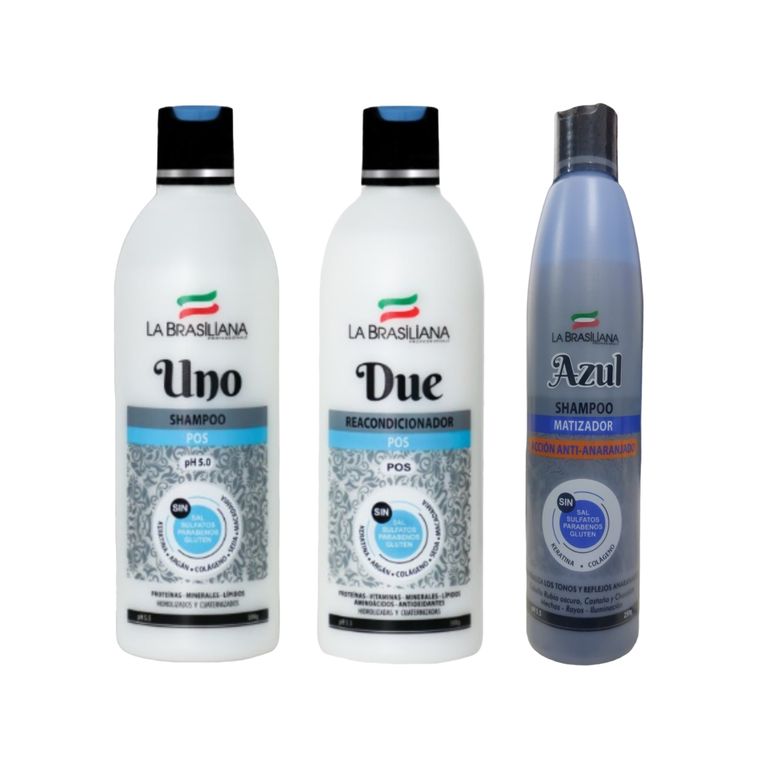 Kit Shampoo UNO + Reacondicionador + Shampoo Matizador AZUL 250 ML. Sin SAL