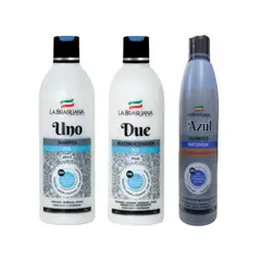 LA BRASILIANA - Pack - Shampoo UNO + Reacondicionador + Matizador AZUL 250 ML. SIN SAL
