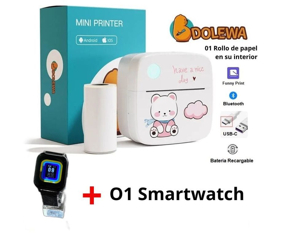 Mini Impresora Térmica Portátil Recargable Bluetooth Bear Rosado