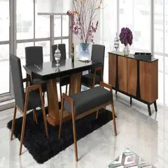 DMUEBLES - Comedor 4 sillas + banca + aparador Calella - Gris oscuro