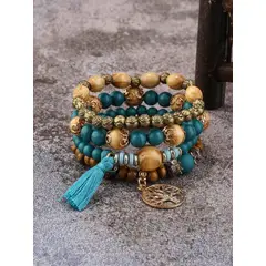 KAST PE - Pack de 4 pulseras Tottie mujer arbol vida cuentas madera y borla