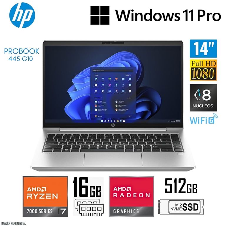 Laptop ProBook 445 G10 AMD Ryzen 7 (Serie 7) 16GB RAM 512GB SSD 14" FHD Windows 11 Pro