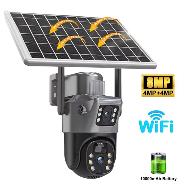 Cámara Seguridad IP con Panel Solar 4K de 8 MP doble lente, WiFi, inalámbrica